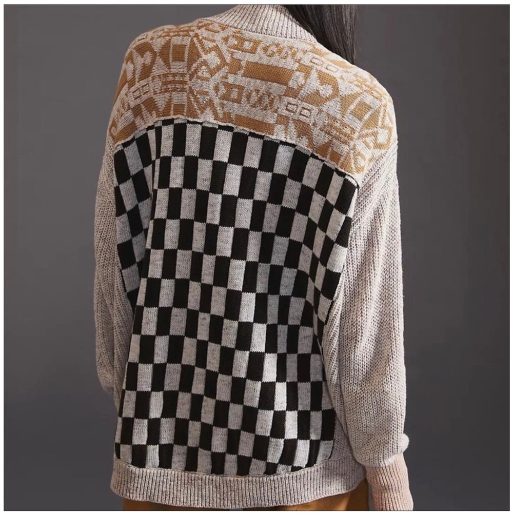Pilcro Mash Up Sweater Cardigan Anthropologie Mix Patchwork Star Checkerboard S - Picture 3 of 12